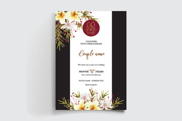 WEDDING INVITATION FRAME WITH FLOWER DECORATIONS AND FRESH LEAVES