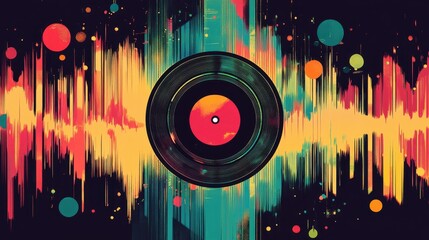 Colorful abstract background with vinyl record and sound waves. Concept for music, audio, and entertainment.