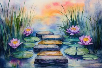 Watercolor pathway through a pond with pink water lilies and tall green grass