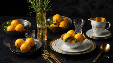 Luxury Gold Rimmed Porcelain Dinnerware Flat Lay on Black Granite Elegant Dining Set