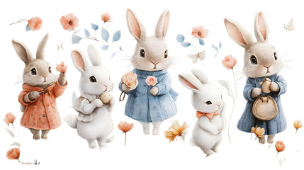 Transparent sticker sheet of adorable bunnies with accessories and pastel outfits