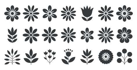 Floral Elements Collection With Daisy Style Flowers And Leaves In Dark Gray Simple Design For Creative Projects And Artwork