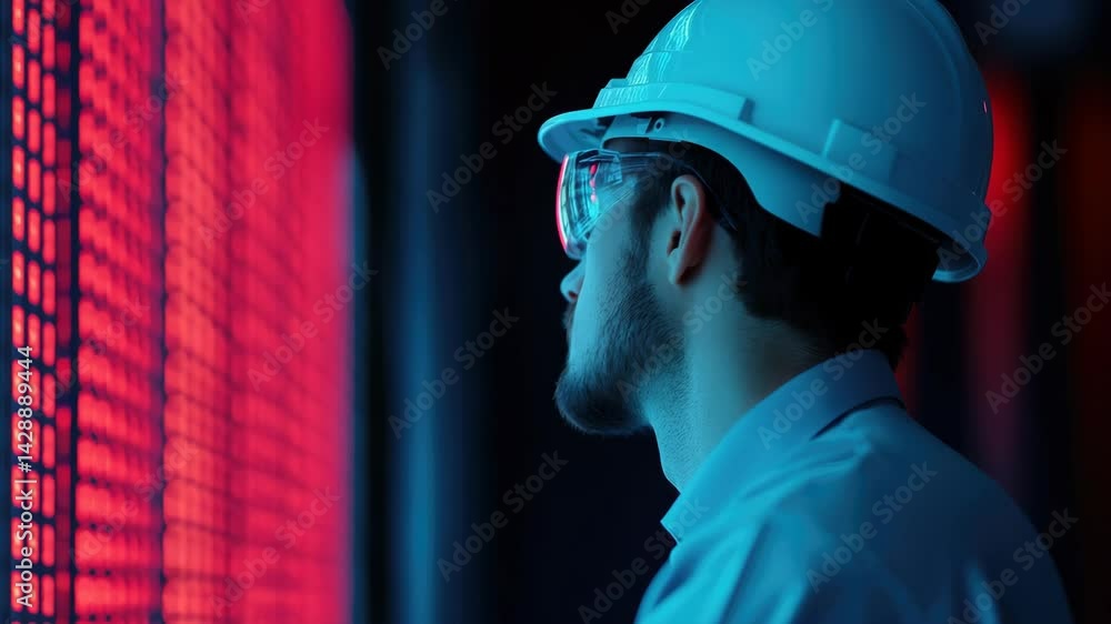 Poster man in hard hat and safety glasses focuses on digital display with red lights, showcasing technology