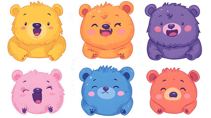 Transparent sticker sheet of kawaii bears with various emotions: happy, crying, sleepy, angry