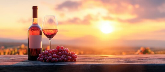 Wine bottle glass and grapes set on a wooden table against a vibrant sunset