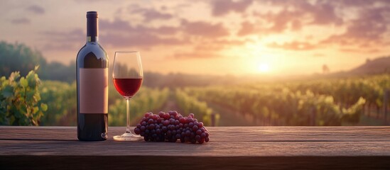 Sunset vineyard scenery: Wine bottle glass and grapes on a wooden surface