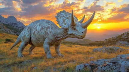 Obraz premium Triceratops dinosaur at sunset in a mountainous landscape.