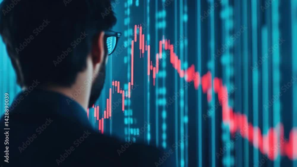 Aufkleber person analyzing digital stock market trends through graphs and data, focusing on financial insights