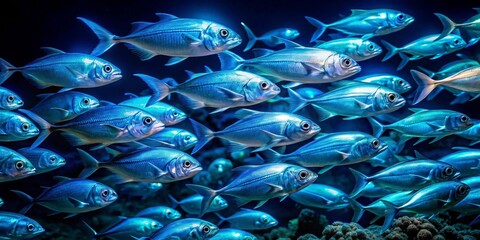 Obraz premium A vibrant underwater scene showcasing a large school of iridescent blue fish swimming in a coordinated pattern near a dark seabed