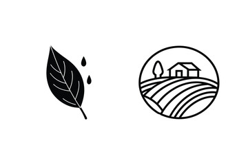 Farmhouse And Leaf Logo Design In Black And White Minimalist Style