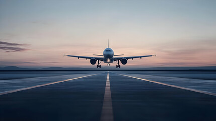 Obraz premium Airplane Landing On Runway At Dawn