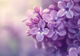 Lilac flowers, close-up, purple tones, delicate petals, floral background, springtime atmosphere, vintage style.