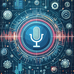 Obraz premium Digital microphone illustration with audio waves and technology symbols in vibrant design