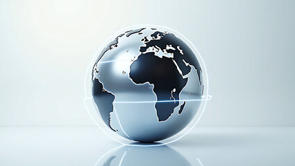 A sleek metallic globe with glowing lines connecting different continents, symbolizing global communication or tech, floating above a white background.