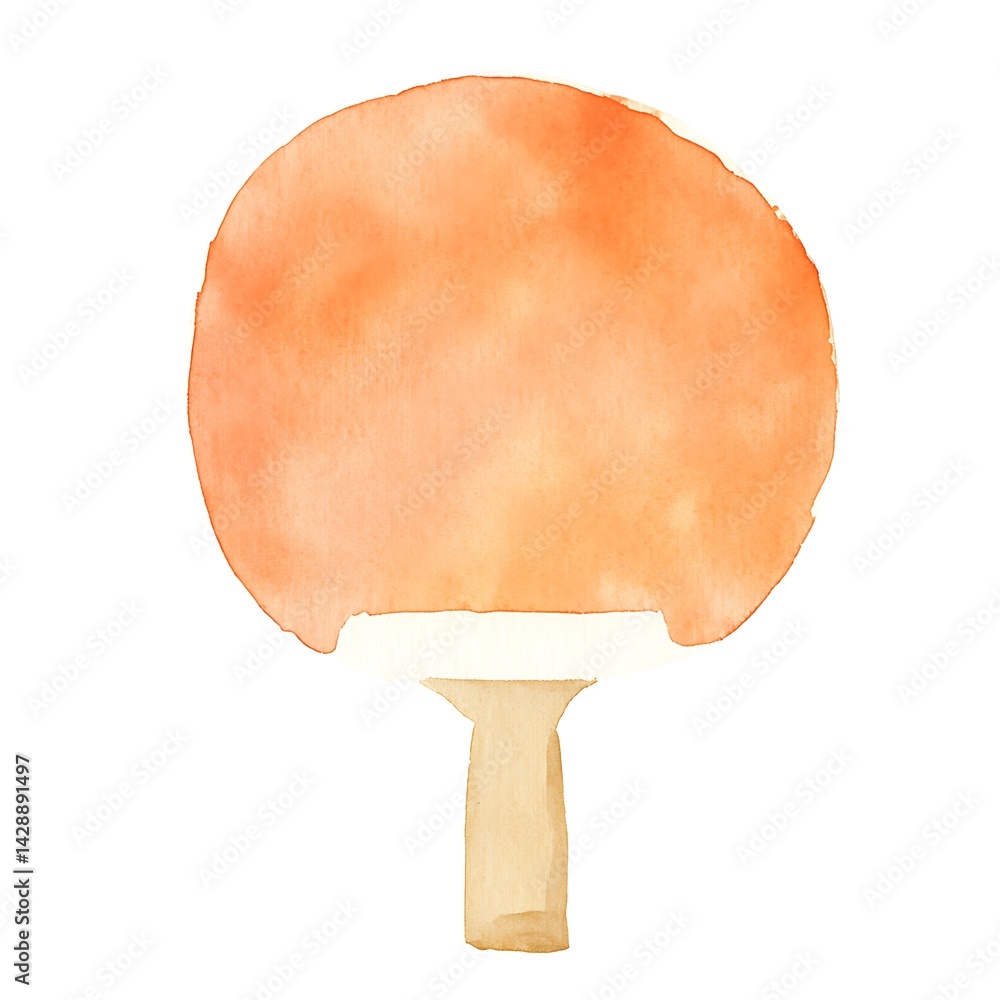 Poster watercolor painting of an orange ping pong paddle with a light brown handle against a white backgrou