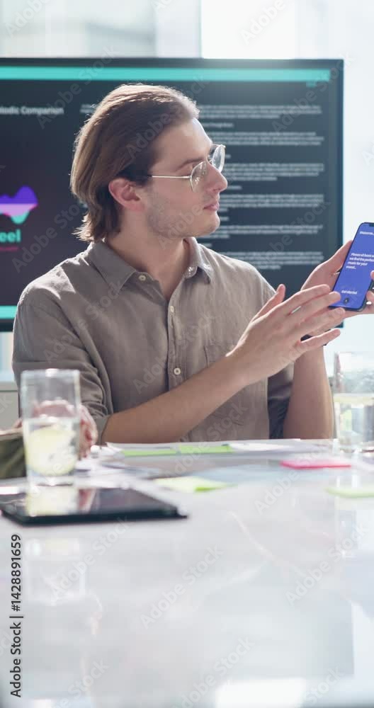Aufkleber explain, phone screen and proposal with business man in office for meeting, pitch or presentation. a