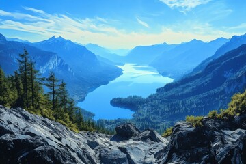 Breathtaking view of Slocan Valley in British Columbia overlooking a tranquil lake and majestic mountain range under a brilliant blue sky