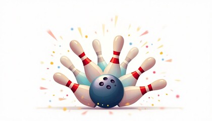 Strike! Bowling Pins in Action: An illustrated, dynamic composition showcasing a bowling ball hurtling towards pins, capturing the energy and excitement of a perfect strike.