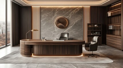 Minimalist office workspace with sleek furniture, elegant lighting, and clean design. 3D illustration render.
