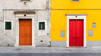 Naklejka premium Colorful Historic European Facades With Orange And Red Doors