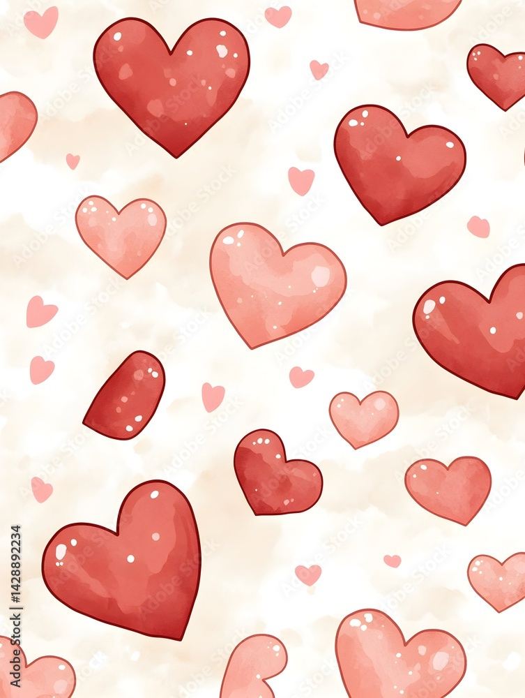 Poster scattered hearts pattern in various sizes and shades of red and pink on a beige background