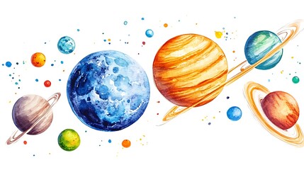 Vibrant watercolor illustration of the solar system, featuring planets with detailed rings and textured surfaces, set against a starry backdrop
