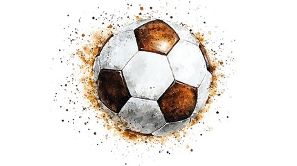 Watercolor style illustration of a soccer ball bursting from a cloud of tan sand against a white background. The ball is predominantly white and brown, showing texture and wear
