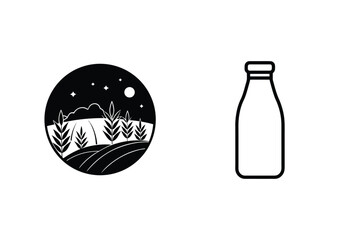 Minimalist Milk Bottle Design With A Nighttime Farm Landscape Vector Illustration