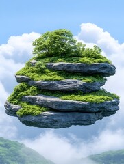 Floating rock formation with lush vegetation, set against a serene sky