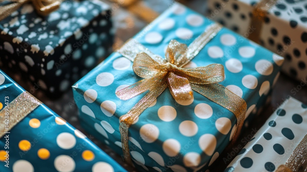 Poster a visually delightful array of gift boxes adorned with charming polka dot patterns and shimmering go