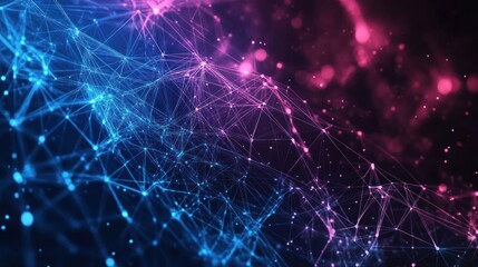 abstract digital technology background with glowing plexus lines connecting dots in vibrant blue and pink representing complex systems and futuristic network connections