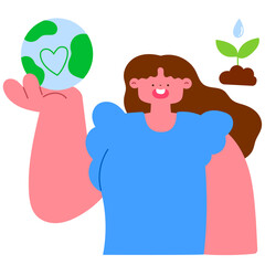 Happy woman holding a green globe with a heart, environmental love and sustainability flat vector illustration