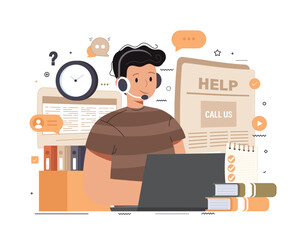 Live support concept. Business customer care service concept. Icon for contact us, support, help, phone call and website click. Flat vector illustration.	