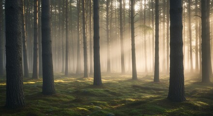 Fototapeta premium Mystical Forest: A mesmerizing forest bathed in an ethereal mist, where tall trees reach toward the sky, and dappled sunlight filters through the canopy, evoking a sense of peace and tranquility. 