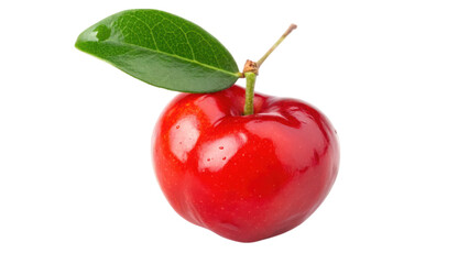 Obraz premium A vibrant red cherry with a glossy surface and a single green leaf attached to its stem.