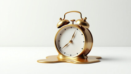 A surreal 3D rendering of a classic alarm clock melting like wax, symbolizing the passage of time, shown in high detail on a smooth white background.