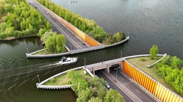 Aerial drone view of a tourist ferry passing over the Veluwemeer aqueduct above the highway. This view showcases the seamless blend of nature and infrastructure. Netherlands