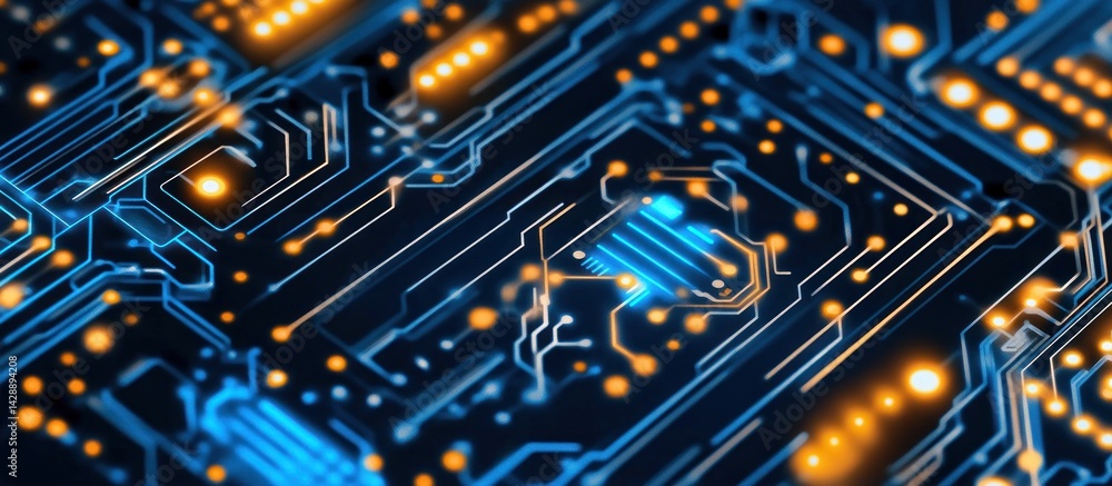Poster illuminating the intricate architecture of a motherboard with interconnected pathways and glowing no