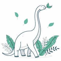 Create a vector illustration of a brachiosaurus with bold black strokes,  majestically eating leaves from a tall tree.
