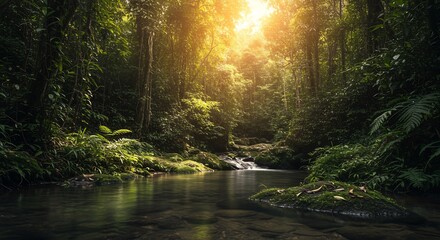 Obraz premium Enchanted Forest: Discover the mystical beauty of a sun-dappled forest, where light streams through the canopy onto a serene river, creating an atmosphere of natural tranquility and serenity. 