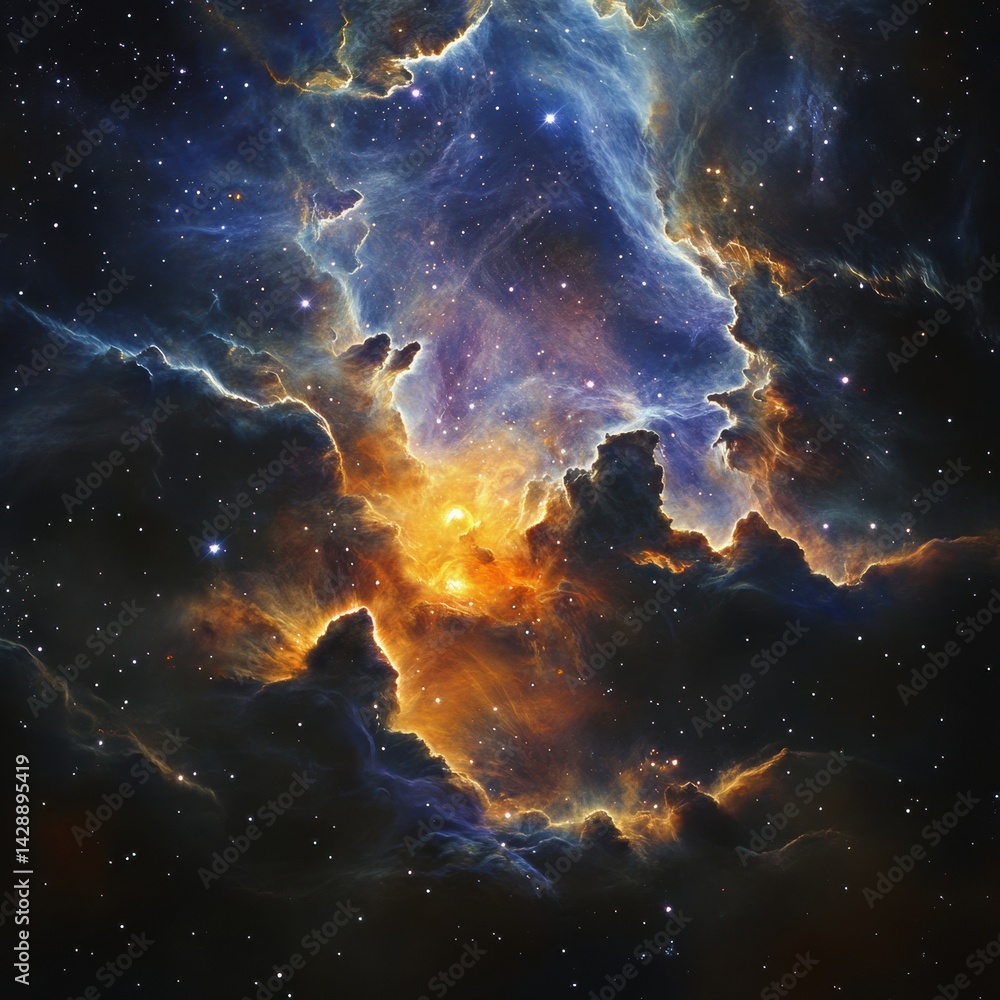 Poster vivid representation of a cosmic nebula with swirling clouds and bright stars in a deep space settin