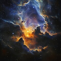 Fototapeta premium Vivid representation of a cosmic nebula with swirling clouds and bright stars in a deep space setting