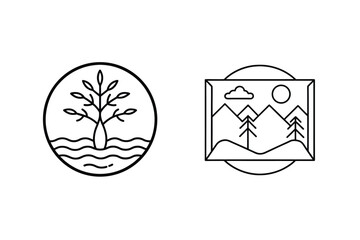 Minimalist Landscape And Tree Line Art Set In Circular And Rectangular Frames