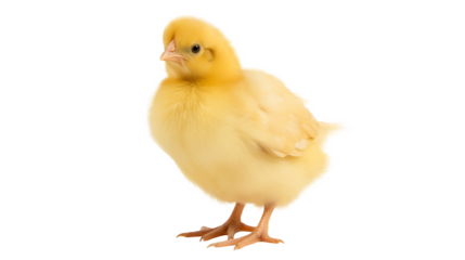 A small fluffy yellow chick standing against a black background alone isolated on transparent background	