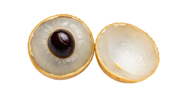 A close-up view of a halved fruit, featuring a shiny black seed surrounded by a translucent, fleshy layer and a textured outer shell.