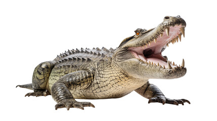 Obraz premium A large alligator with its mouth open resting on a black background isolated on transparent background 