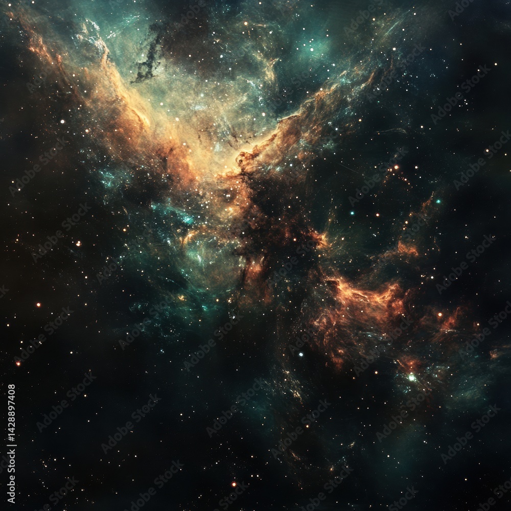 Poster galactic landscape showcasing vibrant cosmic clouds and twinkling stars in a mesmerizing space envir