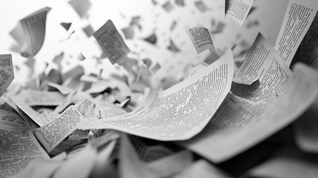 Exploring scattered black and white newspaper typography in digital art virtual gallery graphic design contemporary setting unique perspective