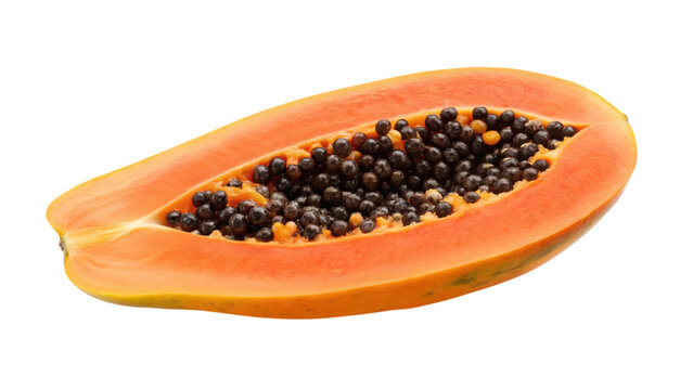 A halved papaya reveals vibrant orange flesh and black seeds nestled within its cavity.