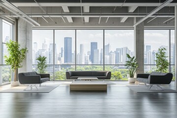 Fototapeta premium Modern open-space office with city view, large windows, and minimalistic design concept